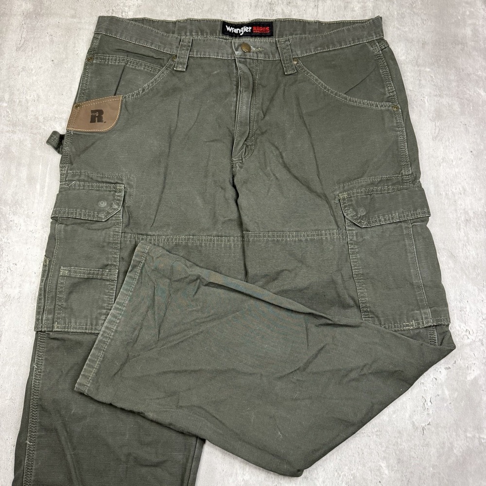 Wrangler RIGGS Workwear Mens Olive Green Ripstop Cargo Pants 36x30 Double Knee